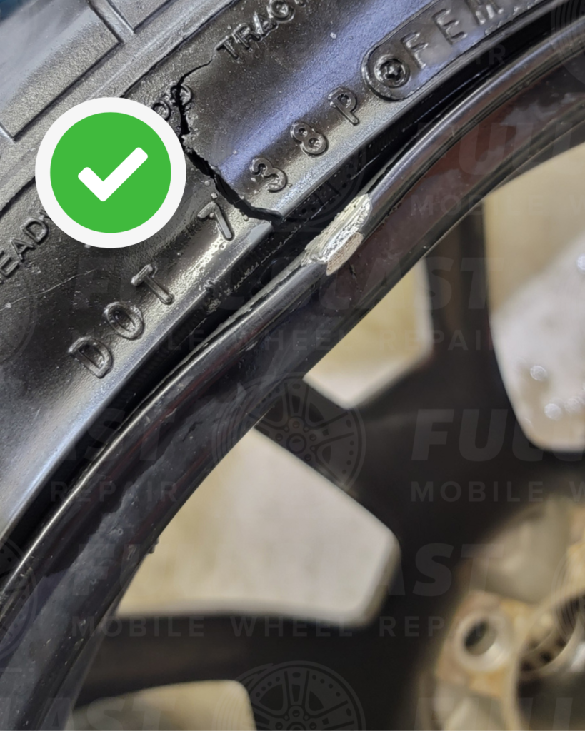 Bent wheel on the inner lip of the rim which is often repairable with professional wheel straightening