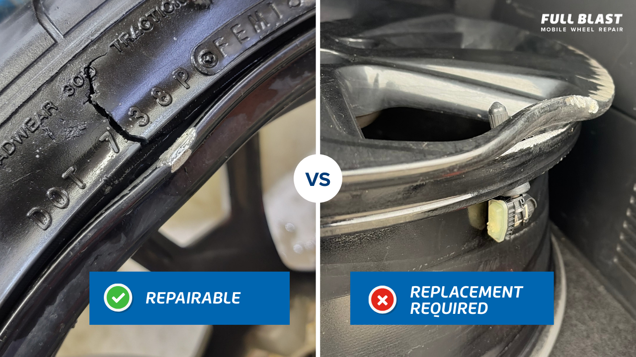 Comparison showing a repairable bent wheel versus a wheel that requires replacement